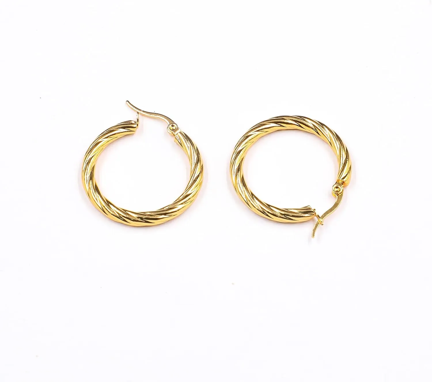18K Gold Plated Chunky Solid Hoop Earrings for Women Round Spiral Shape Gold Hoops Hypoallergenic Trendy Jewelry for Gift Christmas, Birthdays, and Anniversaries