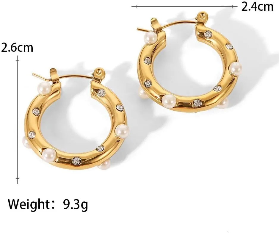 18K gold-plated pure stainless steel Huggie earrings paired with shiny cubic geometric pearl star Hoop women's earrings