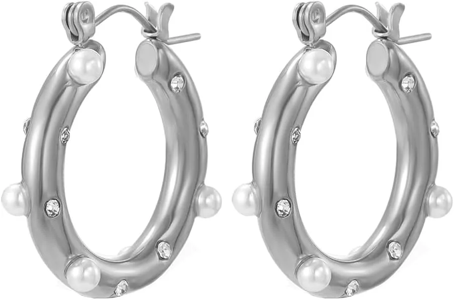 18K gold-plated pure stainless steel Huggie earrings paired with shiny cubic geometric pearl star Hoop women's earrings
