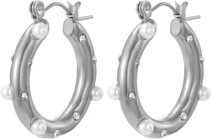 18K gold-plated pure stainless steel Huggie earrings paired with shiny cubic geometric pearl star Hoop women's earrings
