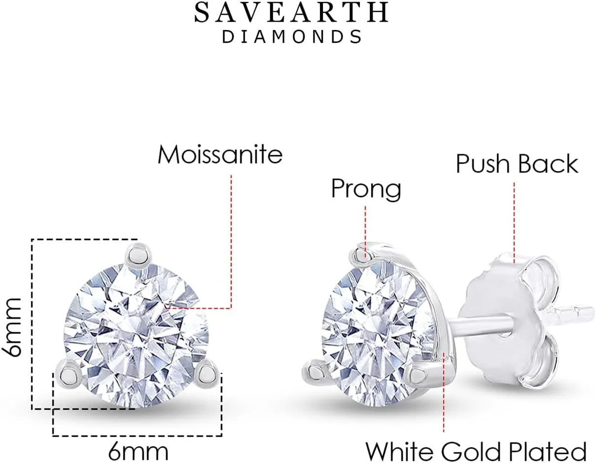 18k Gold Plated Solitaire Stud Earrings, 6MM Moissanite Diamond Stud Earrings for Women | Trendy Jewelry Gifts For Her Push Back Earrings (1.40 Ctw)