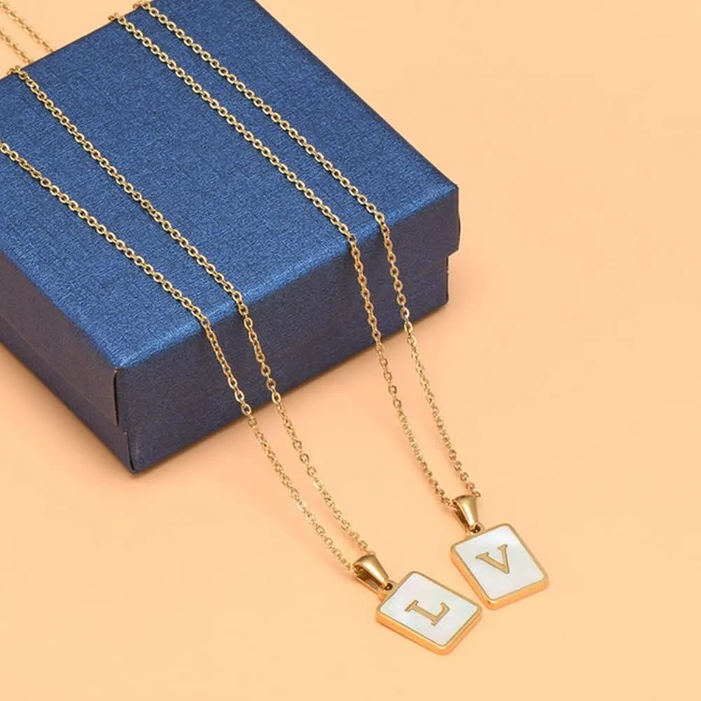 18K Gold Stainless Steel Letter A to Z Initial Necklace Natural White Mother of Pearl Pendant Necklace
