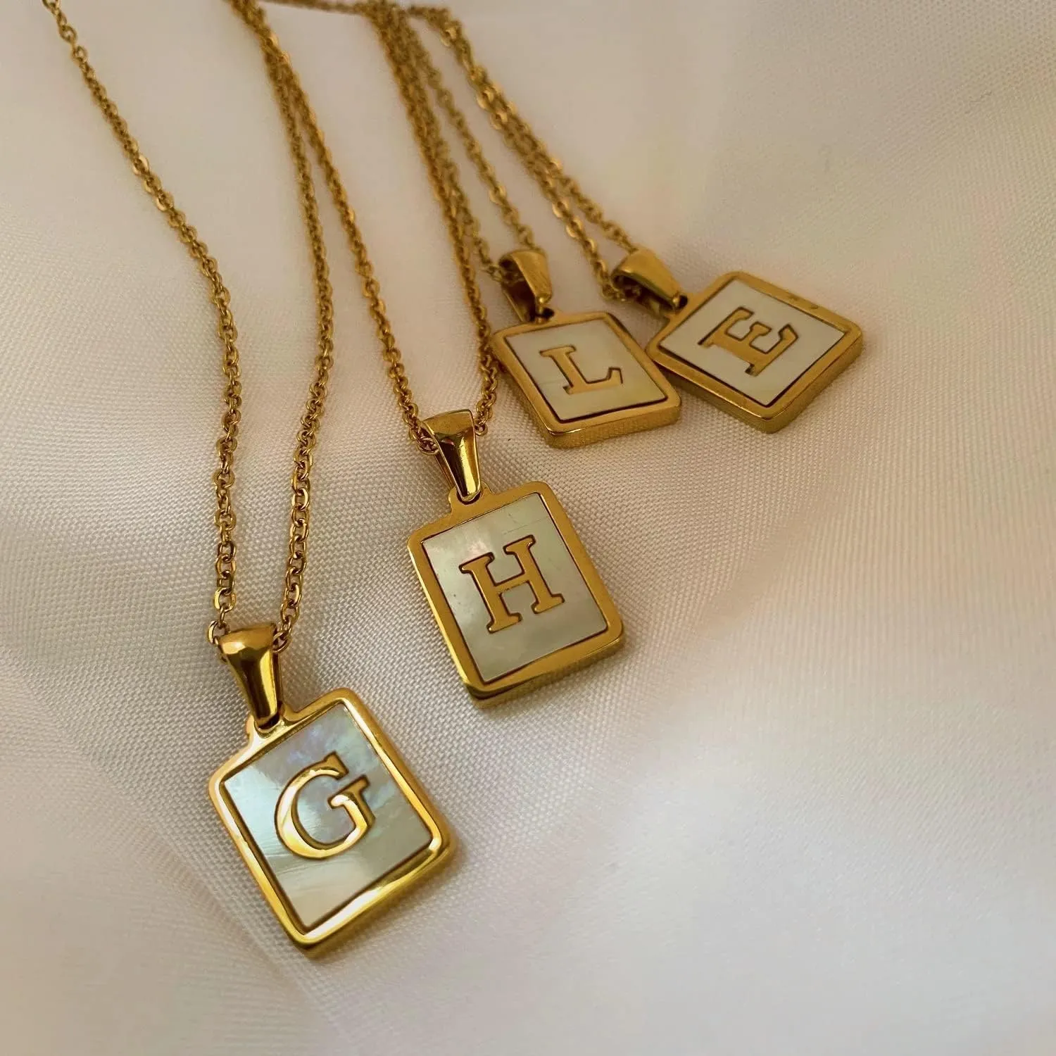 18K Gold Stainless Steel Letter A to Z Initial Necklace Natural White Mother of Pearl Pendant Necklace