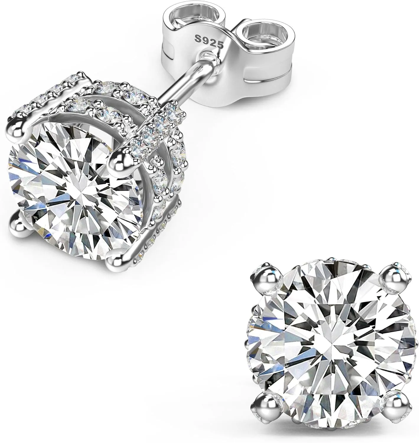 18K White Gold Plated Sterling Silver Pave Round Cut Cubic Zirconia Stud Earrings 4 Prong CZ Simulated Diamond Stud Earrings for Women Men Hypoallergenic