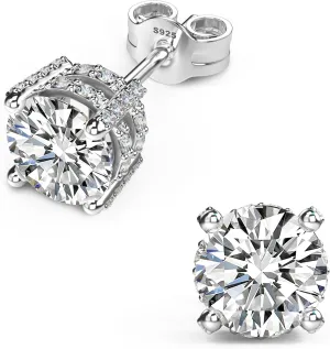 18K White Gold Plated Sterling Silver Pave Round Cut Cubic Zirconia Stud Earrings 4 Prong CZ Simulated Diamond Stud Earrings for Women Men Hypoallergenic
