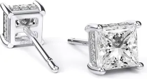 18K White Gold Plated Sterling Silver Princess Cut Cubic Zirconia Stud Earrings Square CZ Diamond Stud Earrings for Women Men Hypoallergenic