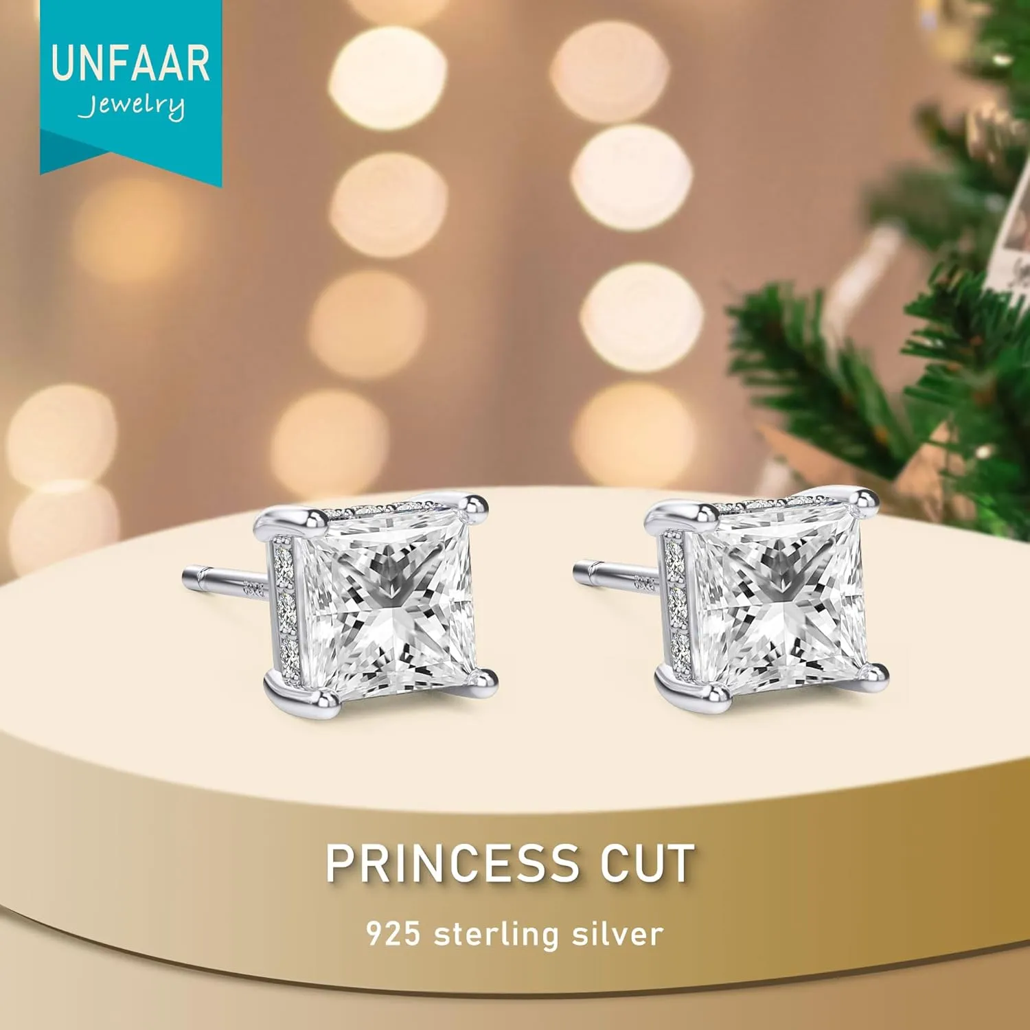 18K White Gold Plated Sterling Silver Princess Cut Cubic Zirconia Stud Earrings Square CZ Diamond Stud Earrings for Women Men Hypoallergenic