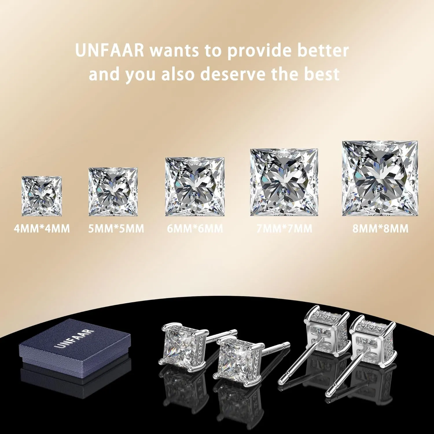 18K White Gold Plated Sterling Silver Princess Cut Cubic Zirconia Stud Earrings Square CZ Diamond Stud Earrings for Women Men Hypoallergenic