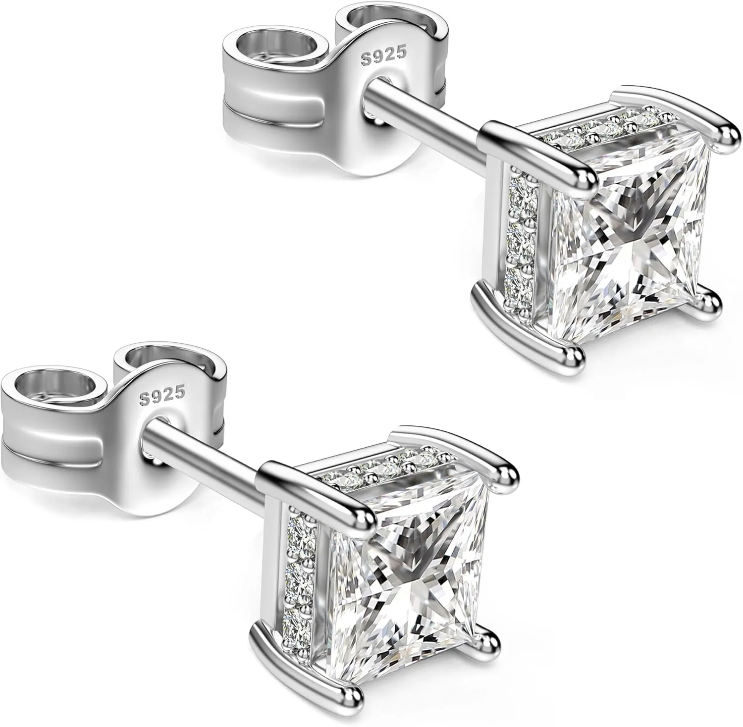18K White Gold Plated Sterling Silver Princess Cut Cubic Zirconia Stud Earrings Square CZ Diamond Stud Earrings for Women Men Hypoallergenic