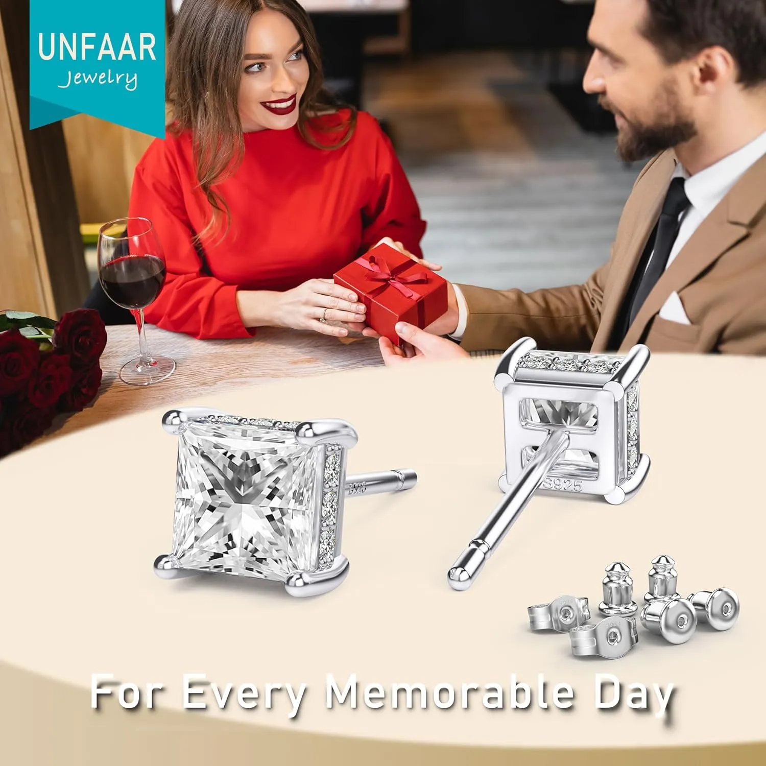 18K White Gold Plated Sterling Silver Princess Cut Cubic Zirconia Stud Earrings Square CZ Diamond Stud Earrings for Women Men Hypoallergenic