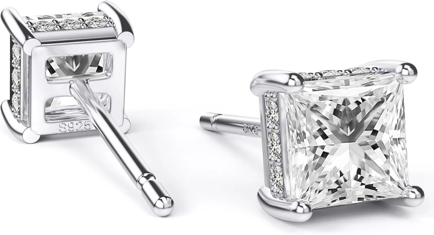 18K White Gold Plated Sterling Silver Princess Cut Cubic Zirconia Stud Earrings Square CZ Diamond Stud Earrings for Women Men Hypoallergenic