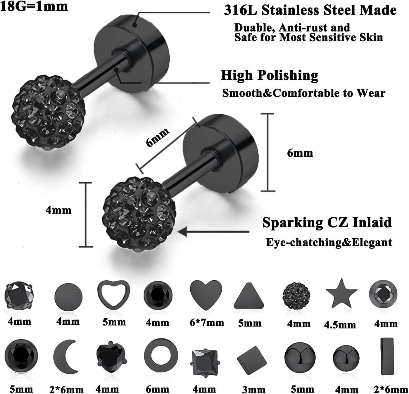 18Pairs 20G 18G Stainless Steel Tiny Stud Earrings for Women Cartilage Helix Earrings Ball Star CZ Earrings