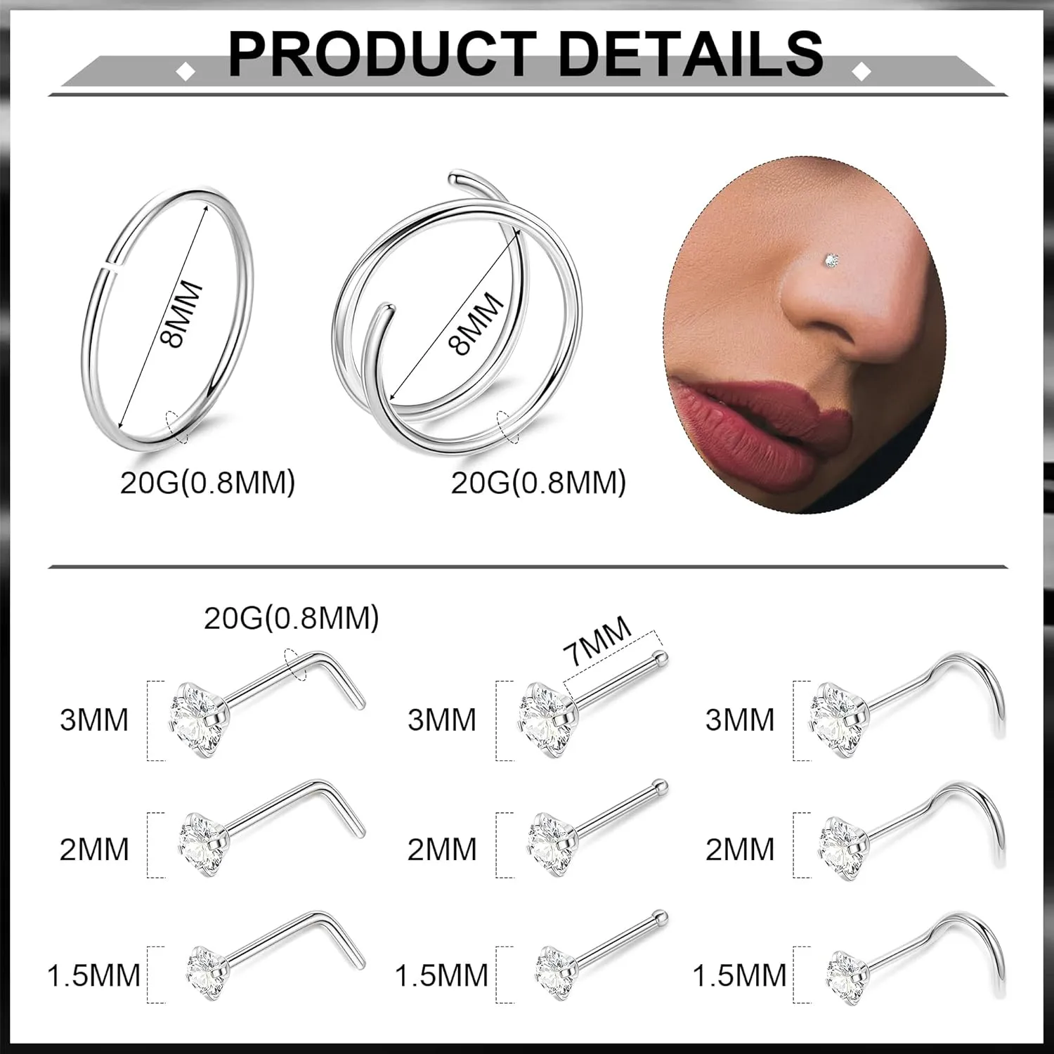 18PCS 20G G23 Titanium Nose Rings for Women Men Pure Titanium Double Nose Rings Hoops for Sensitive Skin L Shaped Screw Bone Nose Studs Hypoallergenic CZ Nose Stud Piercing Jewelry