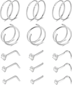 18PCS 20G G23 Titanium Nose Rings for Women Men Pure Titanium Double Nose Rings Hoops for Sensitive Skin L Shaped Screw Bone Nose Studs Hypoallergenic CZ Nose Stud Piercing Jewelry