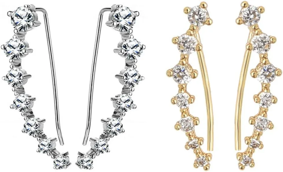 2 Pairs Gold Silver Earcuffs Earrings for Women Cartilage Piercing -Hypoallergenic Ear Cuffs Crystal Ear Crawler Cuff Earrings Set - Cubic Zirconia Ear Climber for Women Fashion (Gold Silver)