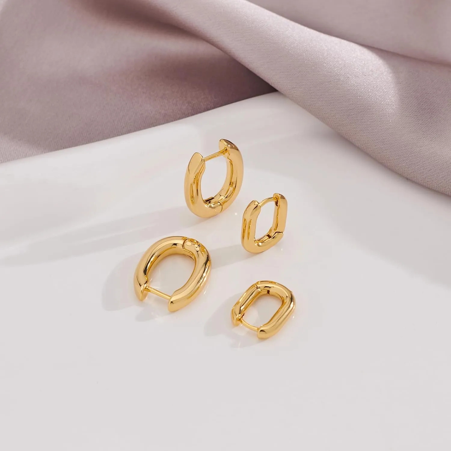 2 Pairs Small Thick Gold Chunky Hoop Earrings Lightweight Gold Plated Square Huggie Hoops for Women Girls