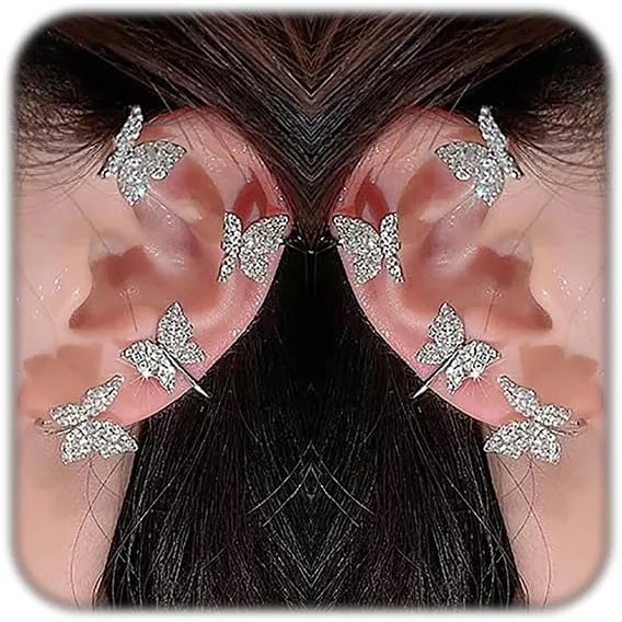 2Pcs Butterfly Earrings For Women No Piercing Butterfly Flower Climber Wrap Earrings Fairy Tassel Zircon Butterfly Ear Clip Cuffs
