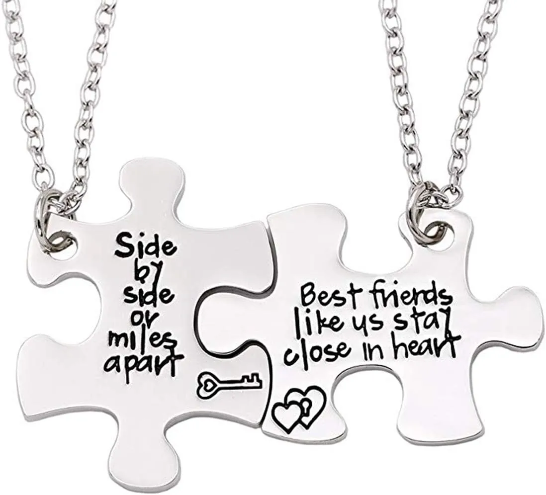2PCS Friends Necklaces for 2 - Side by Side Or Miles Apart BFF Friendship Matching Puzzle Necklace Set Long Distance Friendship Gifts for Women