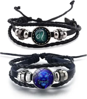 2Pcs Zodiac Bracelets Layered Leather Constellation Bracelet Vintage Zodiac Signs Spirit Bracelet Wrap for Women Men 12 Constellation Gift