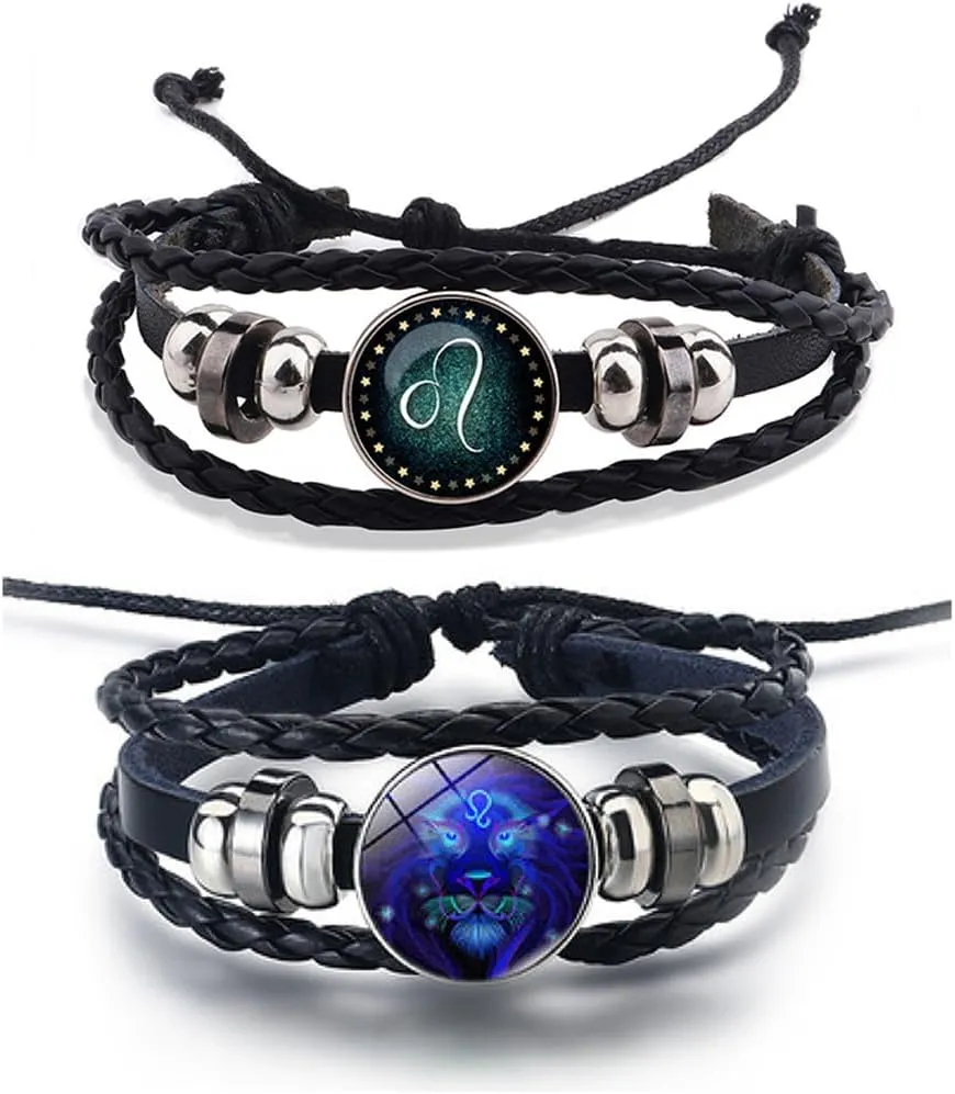 2Pcs Zodiac Bracelets Layered Leather Constellation Bracelet Vintage Zodiac Signs Spirit Bracelet Wrap for Women Men 12 Constellation Gift
