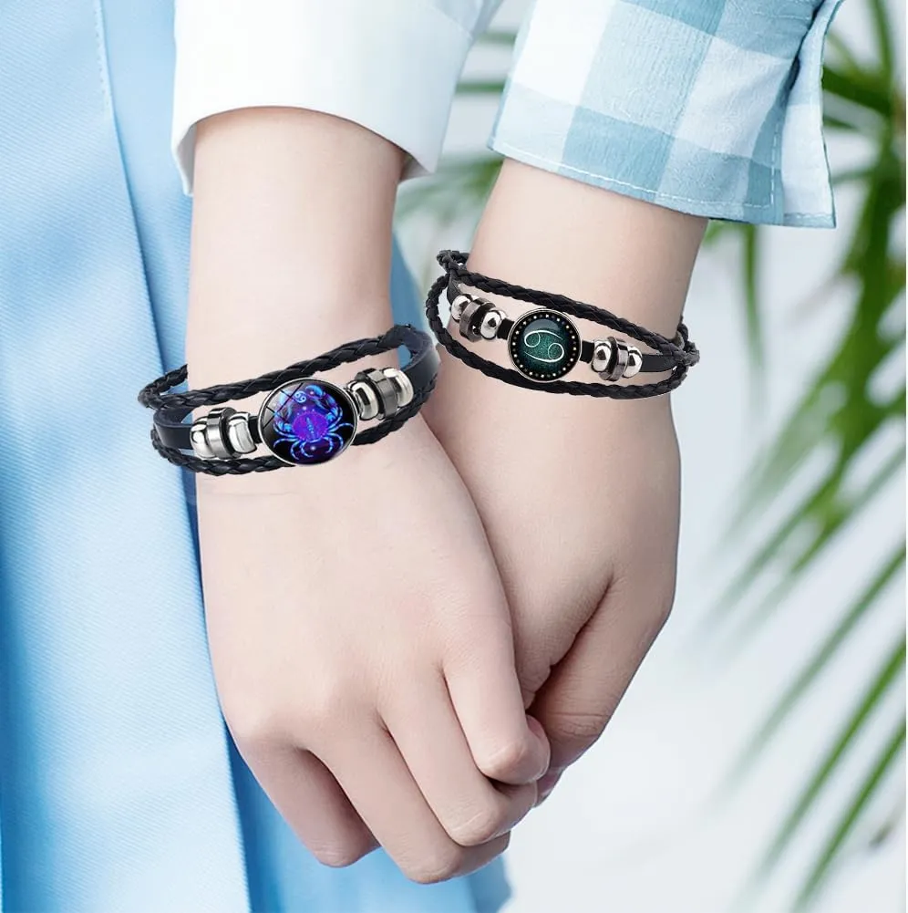 2Pcs Zodiac Bracelets Layered Leather Constellation Bracelet Vintage Zodiac Signs Spirit Bracelet Wrap for Women Men 12 Constellation Gift