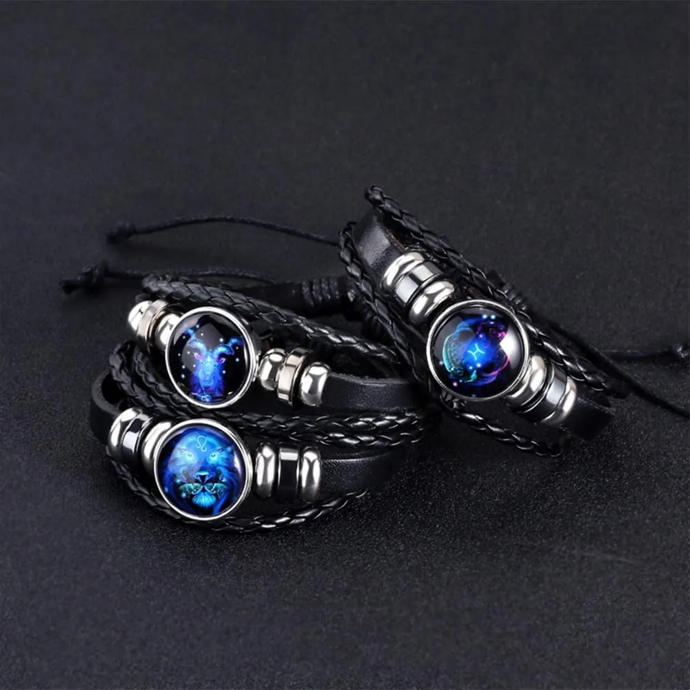 2Pcs Zodiac Bracelets Layered Leather Constellation Bracelet Vintage Zodiac Signs Spirit Bracelet Wrap for Women Men 12 Constellation Gift