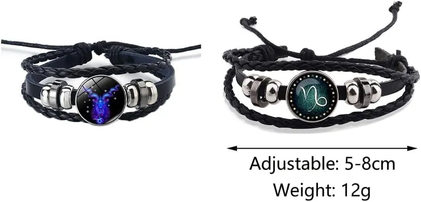 2Pcs Zodiac Bracelets Layered Leather Constellation Bracelet Vintage Zodiac Signs Spirit Bracelet Wrap for Women Men 12 Constellation Gift