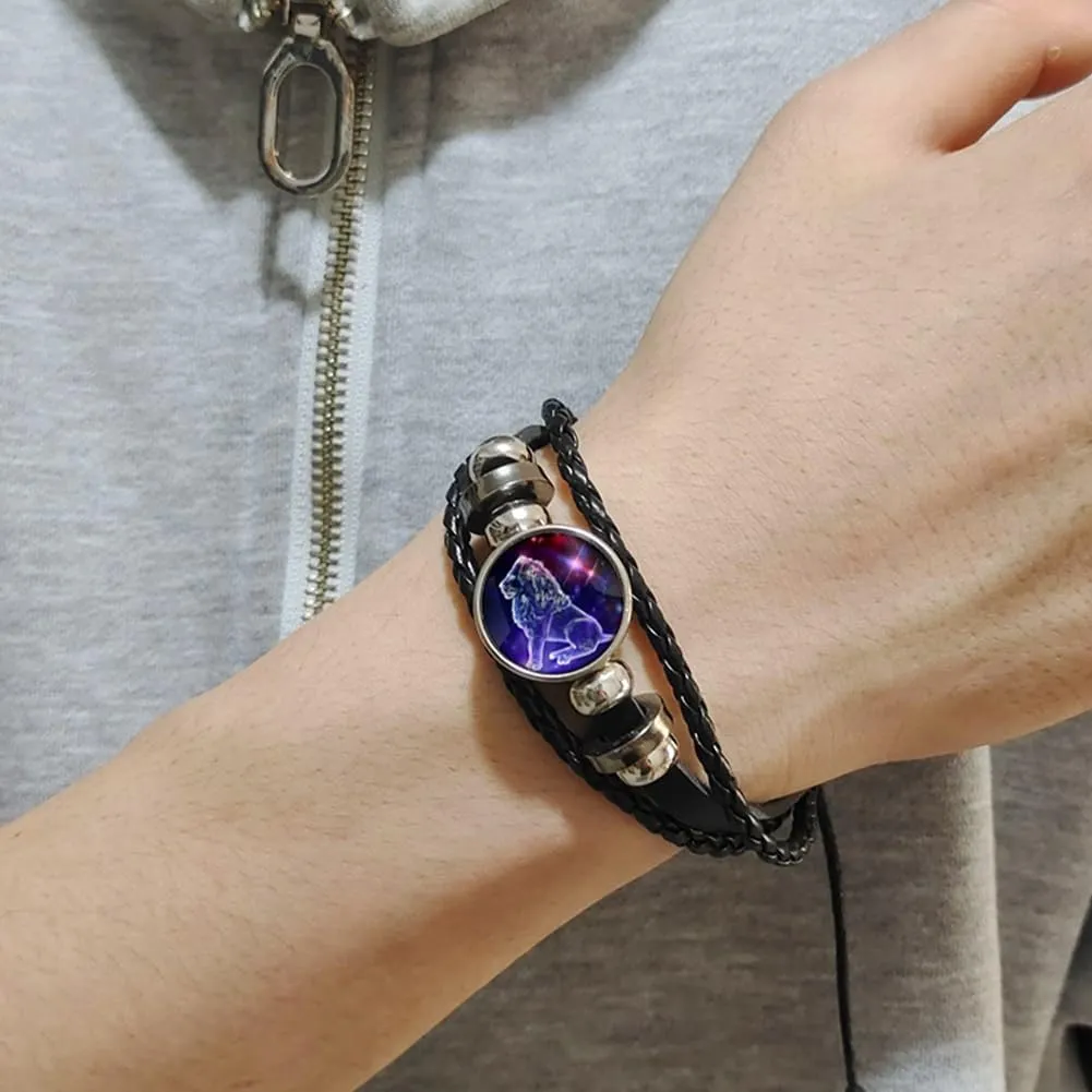 2Pcs Zodiac Bracelets Layered Leather Constellation Bracelet Vintage Zodiac Signs Spirit Bracelet Wrap for Women Men 12 Constellation Gift