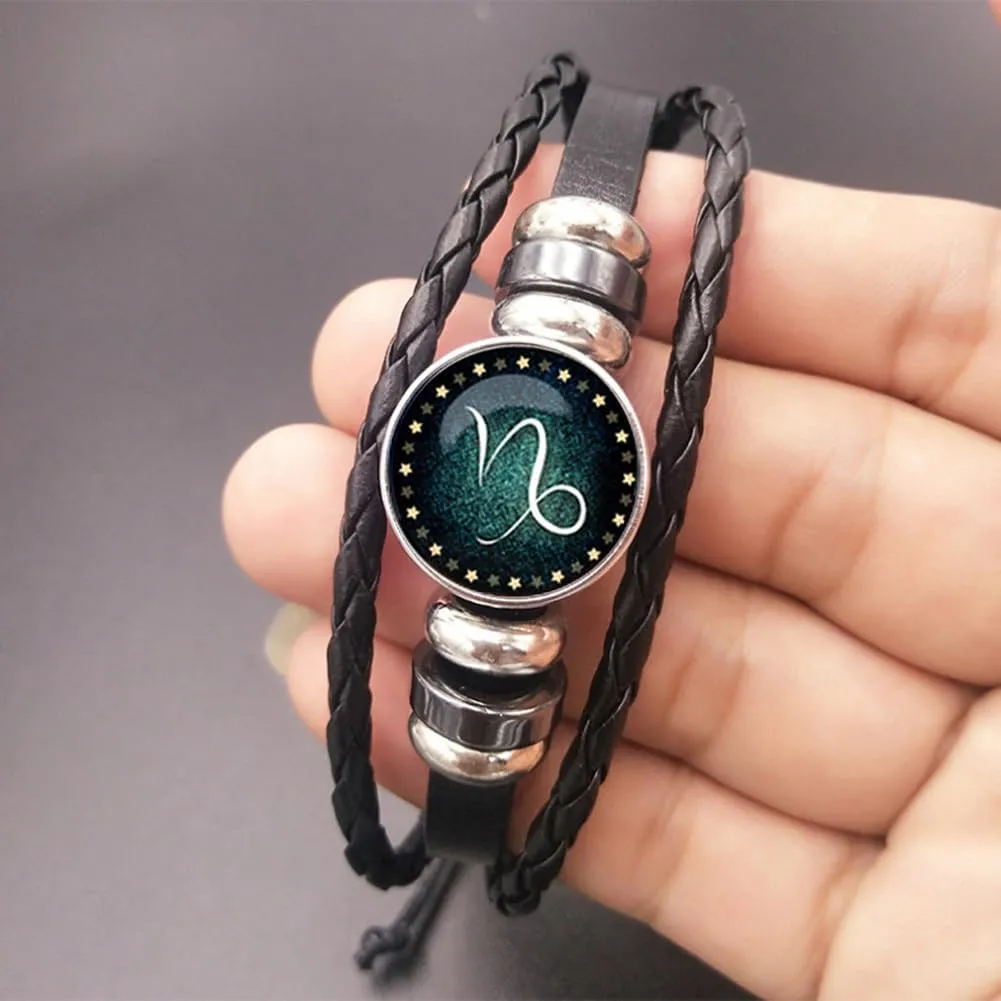2Pcs Zodiac Bracelets Layered Leather Constellation Bracelet Vintage Zodiac Signs Spirit Bracelet Wrap for Women Men 12 Constellation Gift