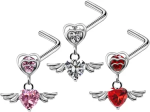 3 Pcs 20G CZ Heart Dangle Nose Rings for Women Stainless Steel L-Shaped Nose Studs Screws Sparkling Nostril Nose Piercing Jewelry