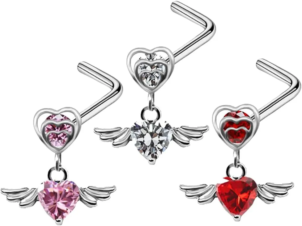 3 Pcs 20G CZ Heart Dangle Nose Rings for Women Stainless Steel L-Shaped Nose Studs Screws Sparkling Nostril Nose Piercing Jewelry