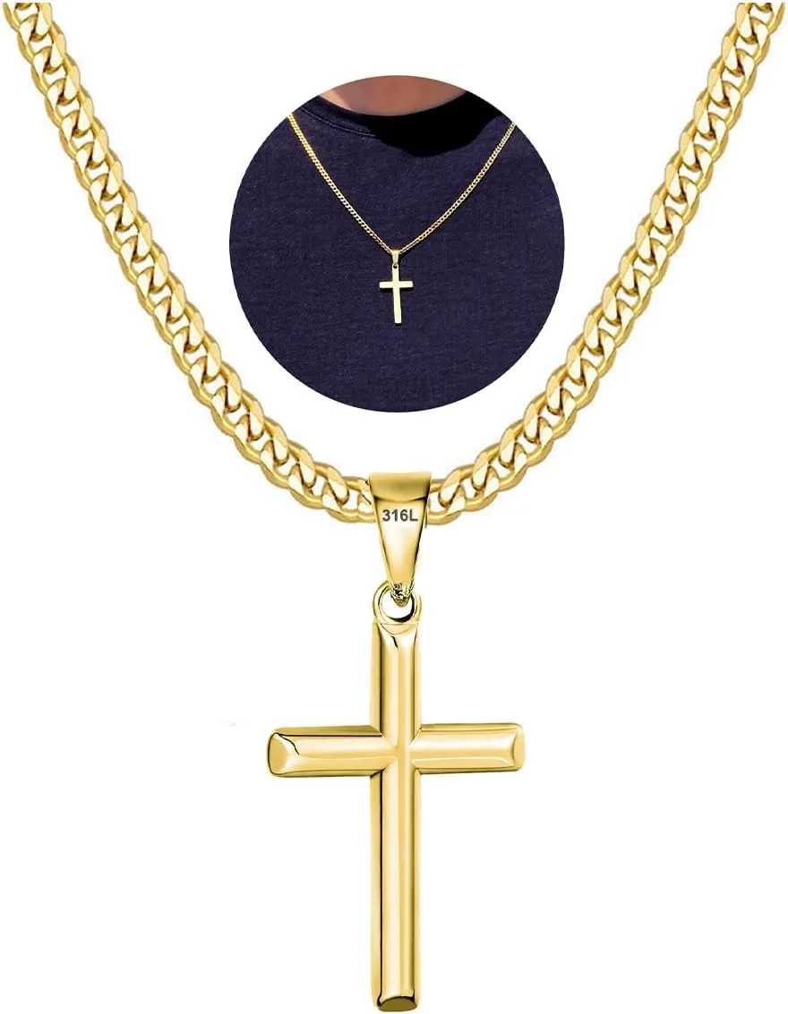 316L Stainless Steel Cross Necklace Graduation Gifts for Men Boys, Silver Gold Black Mens Boys Chain Necklaces 5mm Non-Fading Sturdy Cuban Chain with Cross Pendant Jewelry for Him 14-24inch