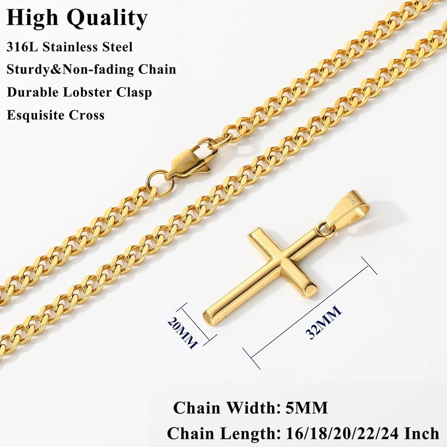 316L Stainless Steel Cross Necklace Graduation Gifts for Men Boys, Silver Gold Black Mens Boys Chain Necklaces 5mm Non-Fading Sturdy Cuban Chain with Cross Pendant Jewelry for Him 14-24inch