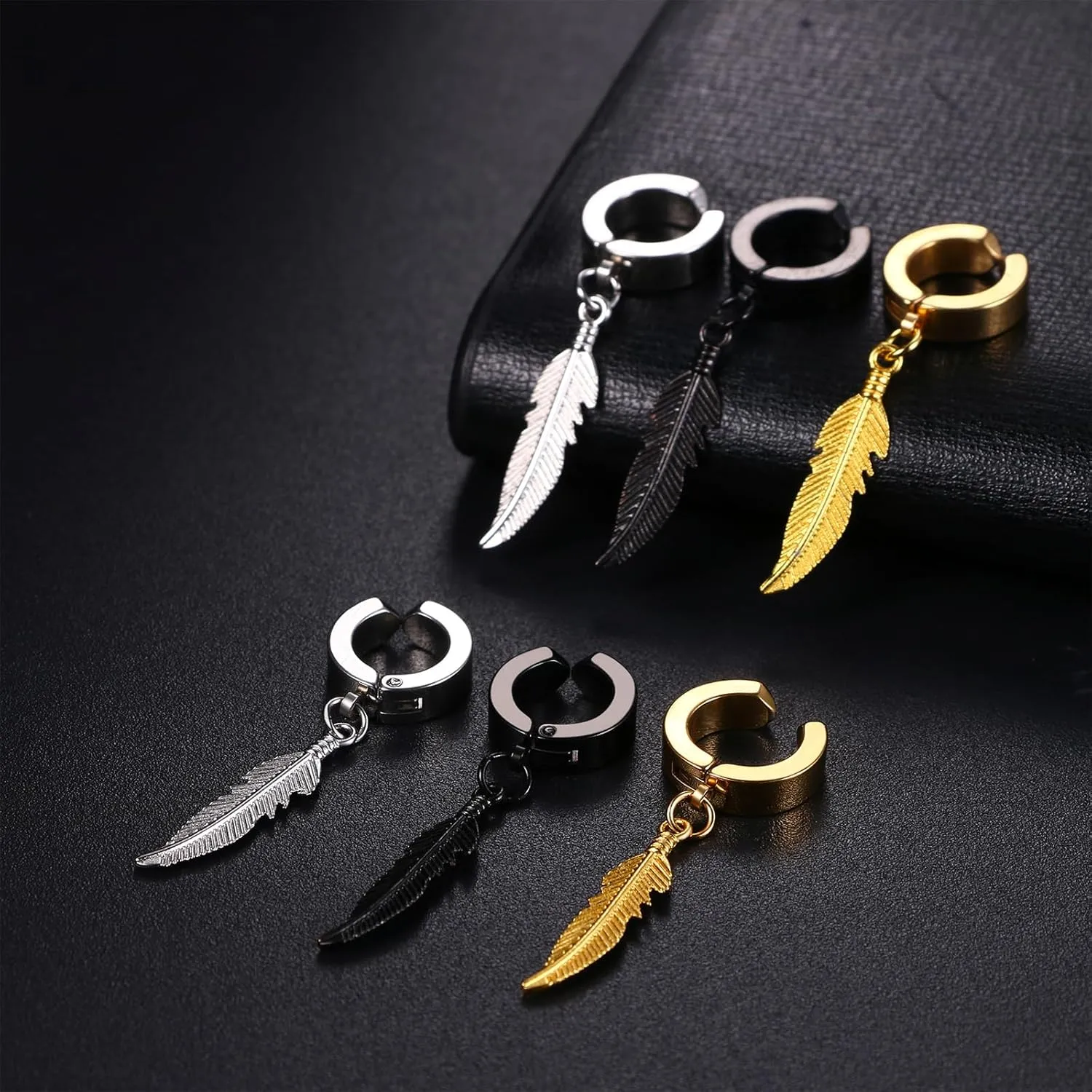 3Pairs Vintage Gothic Feather Leaf Dangle Hoop Earrings for Men Womens, Stainless Steel Hinged Hoops Earrings