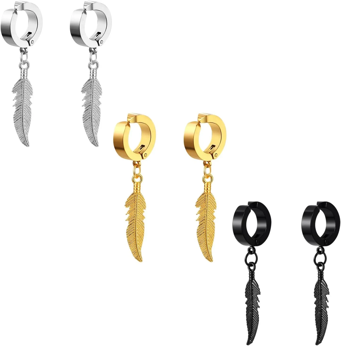 3Pairs Vintage Gothic Feather Leaf Dangle Hoop Earrings for Men Womens, Stainless Steel Hinged Hoops Earrings