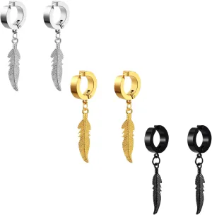 3Pairs Vintage Gothic Feather Leaf Dangle Hoop Earrings for Men Womens, Stainless Steel Hinged Hoops Earrings