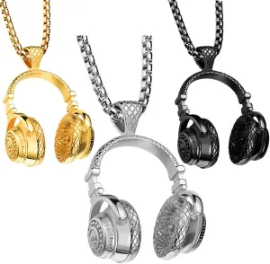 3Pcs Alloy Men's Headphone Pendant Necklace Hip Hop Punk Style Headset Necklace Music Rock Lover Necklace for Husband Couples,24 Inch Chain