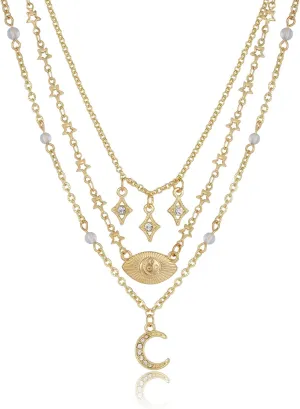 3PCS Evil Eye Gold Necklace set for Women,Necklace Turquoise Charm Shell Pendant Multi Layered Alloy Chain Choker Necklaces Set Jewelry for Women with Gift Box