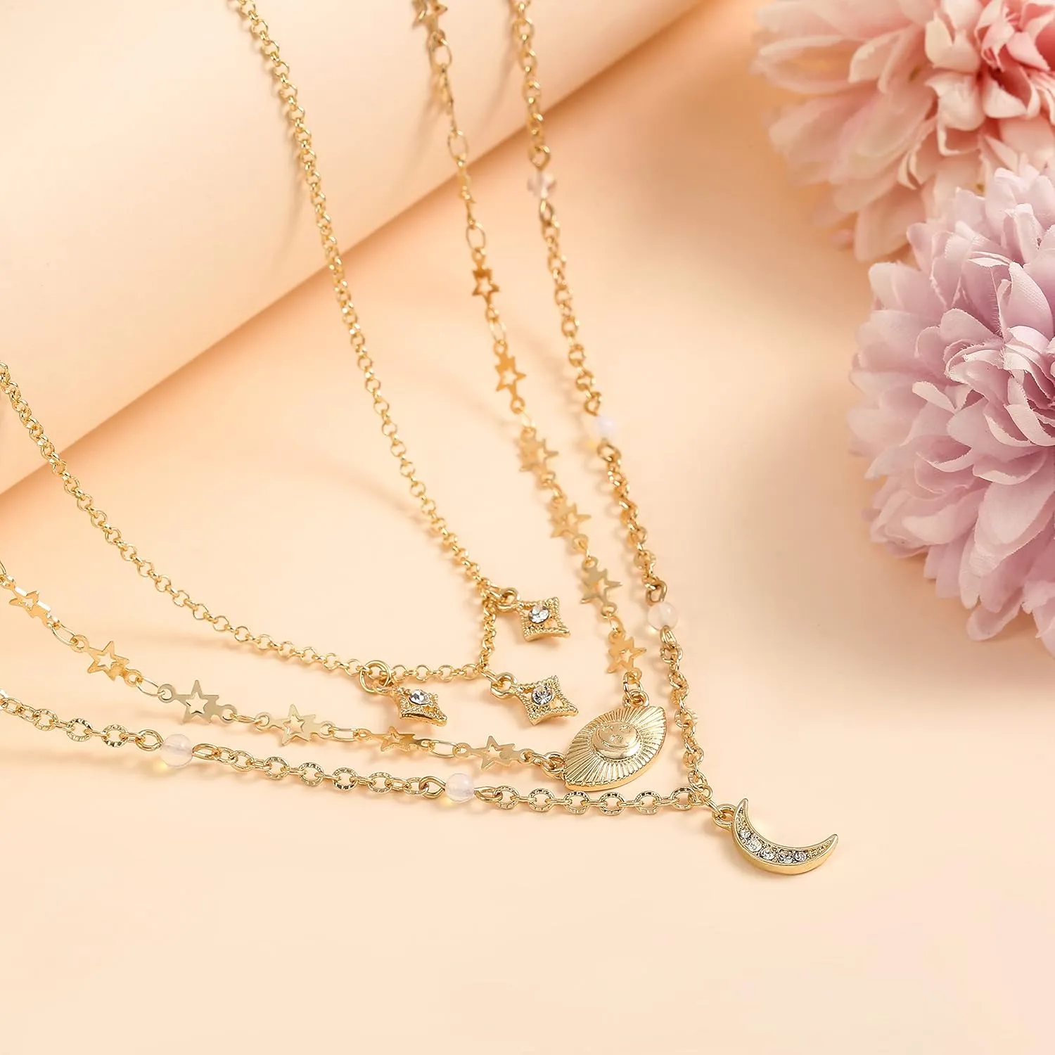 3PCS Evil Eye Gold Necklace set for Women,Necklace Turquoise Charm Shell Pendant Multi Layered Alloy Chain Choker Necklaces Set Jewelry for Women with Gift Box