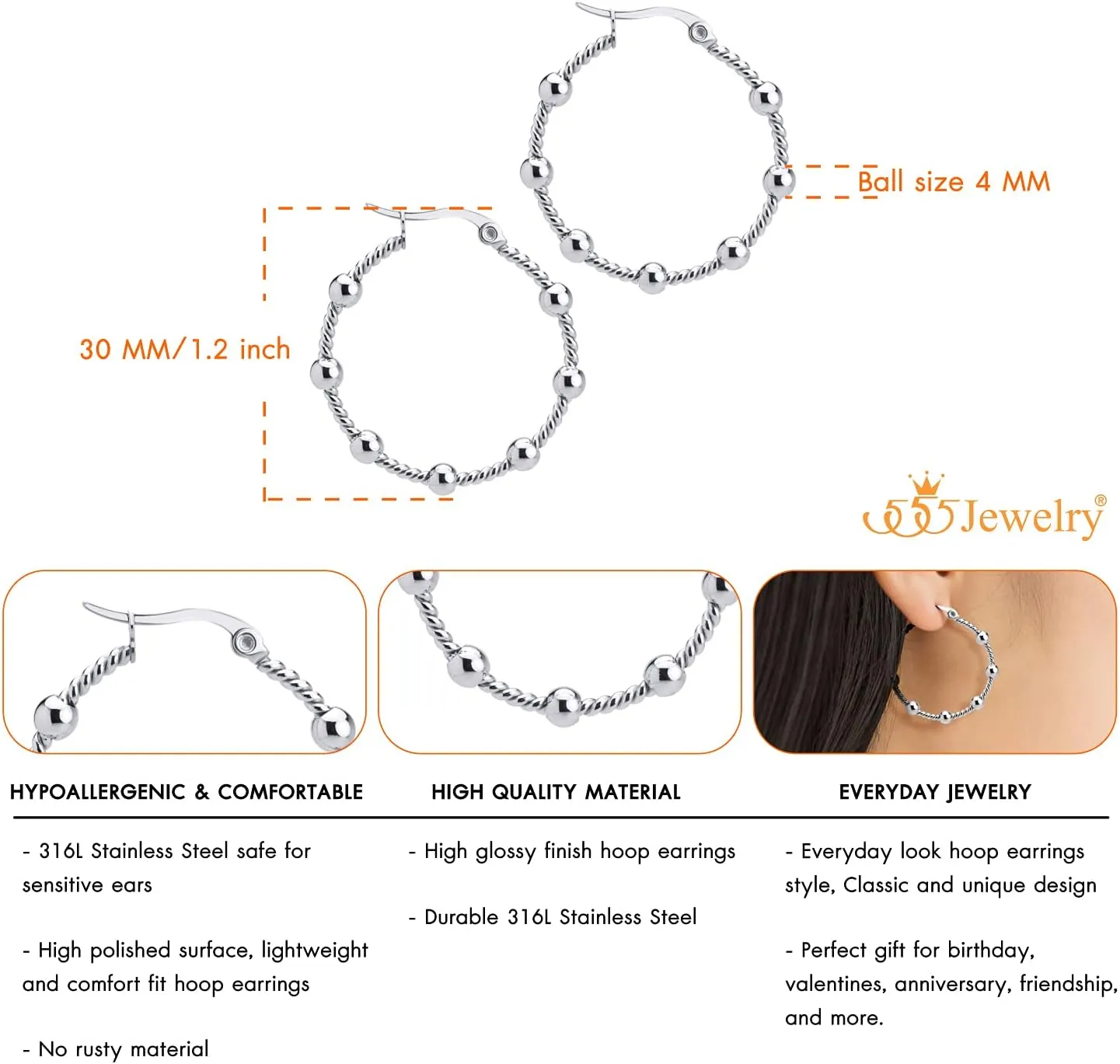 555Jewelry Medium Twisted Wire Round Woven Stainless Steel Hoop Earrings for Women
