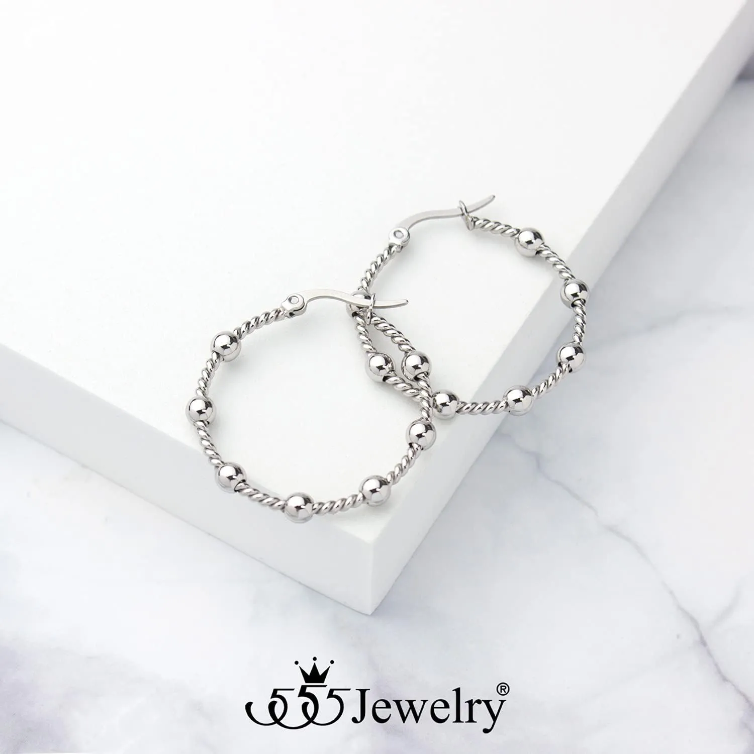 555Jewelry Medium Twisted Wire Round Woven Stainless Steel Hoop Earrings for Women