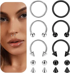 6PCS 14G 16G 18G 20G Surgical Steel Septum Nose Rings Cartilage Helix Tragus Earring Hoops for Men Women Hinged Clicker Nose Hoops Daith Conch Horseshoe Earrings Lip Rings Smily Piercing 6-12mm