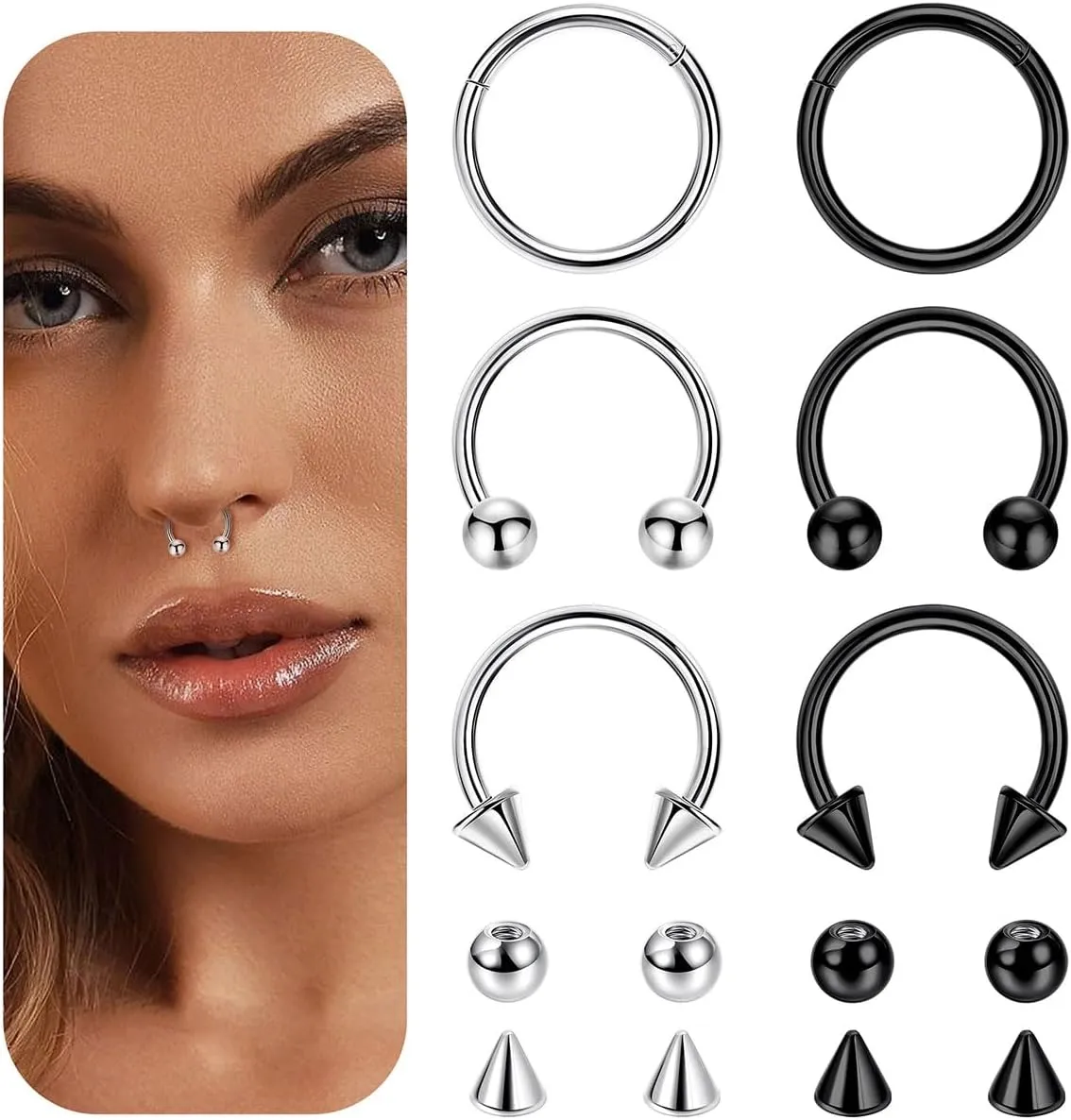 6PCS 14G 16G 18G 20G Surgical Steel Septum Nose Rings Cartilage Helix Tragus Earring Hoops for Men Women Hinged Clicker Nose Hoops Daith Conch Horseshoe Earrings Lip Rings Smily Piercing 6-12mm