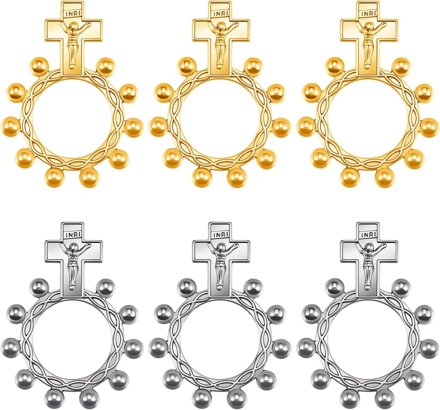 6Pcs/12Pcs Alloy Jesus Cross Pocket Rosary Ring Bulk Catholic Jewelry One Decade Rosary Finger Ring for Men Women Prayer Baptism Quinceanera Funeral Party Keychain