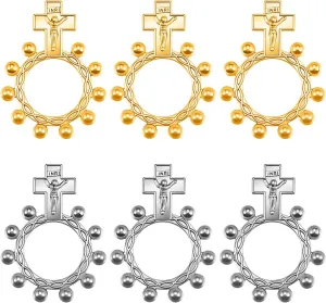 6Pcs/12Pcs Alloy Jesus Cross Pocket Rosary Ring Bulk Catholic Jewelry One Decade Rosary Finger Ring for Men Women Prayer Baptism Quinceanera Funeral Party Keychain
