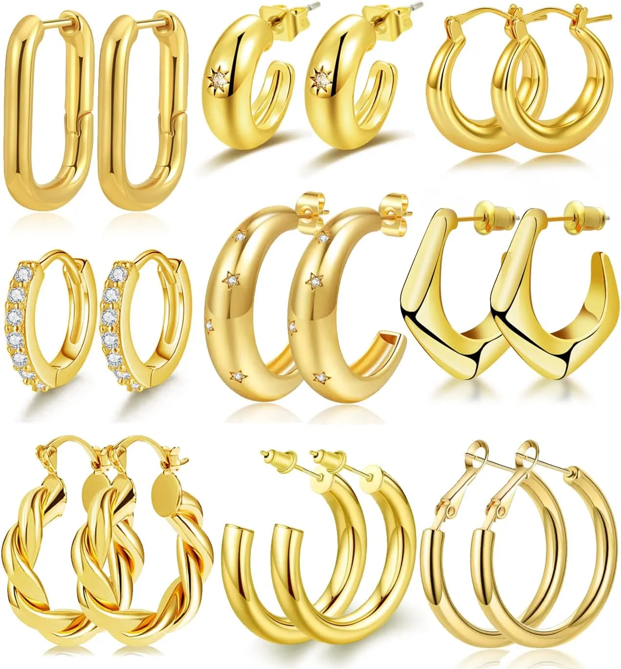 8-10 Pairs Delicate Gold Silver Hoop Earrings Set for Women, 14K Gold Plated Lightweight Hypoallergenic Thick Open Twisted Huggie Earrings Set
