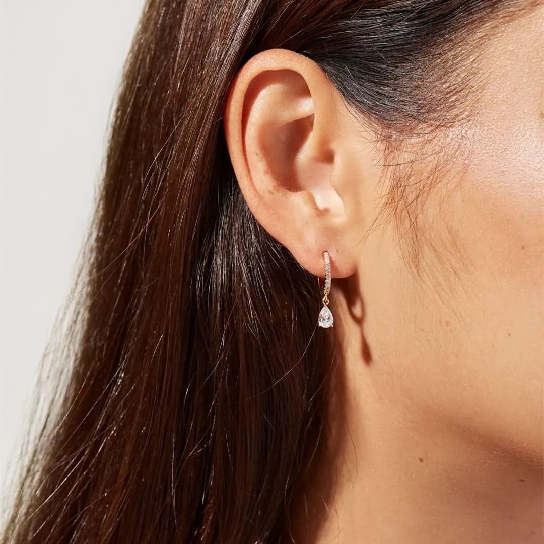 8YEARS 18K Gold Plated Dangle Hoop Earrings for Women, Gold CZ Paved Huggie Hoop Earrings, Gold Dangle Drop Huggie Earrings With Star Moon Teardrop Evil Eye Lightning Charms