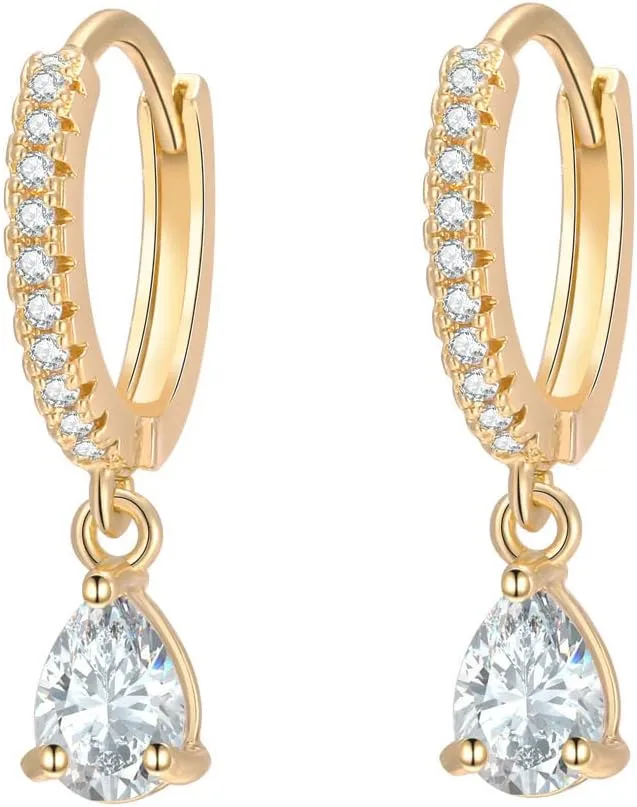 8YEARS 18K Gold Plated Dangle Hoop Earrings for Women, Gold CZ Paved Huggie Hoop Earrings, Gold Dangle Drop Huggie Earrings With Star Moon Teardrop Evil Eye Lightning Charms