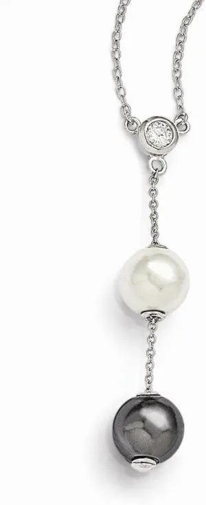 925 Sterling Silver 10-11mm White and Grey Imitation Shell Pearl and CZ Cubic Zirconia Necklace