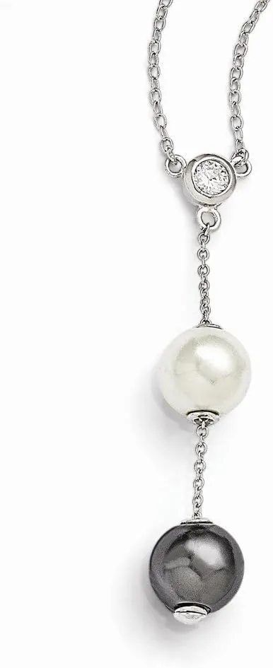 925 Sterling Silver 10-11mm White and Grey Imitation Shell Pearl and CZ Cubic Zirconia Necklace